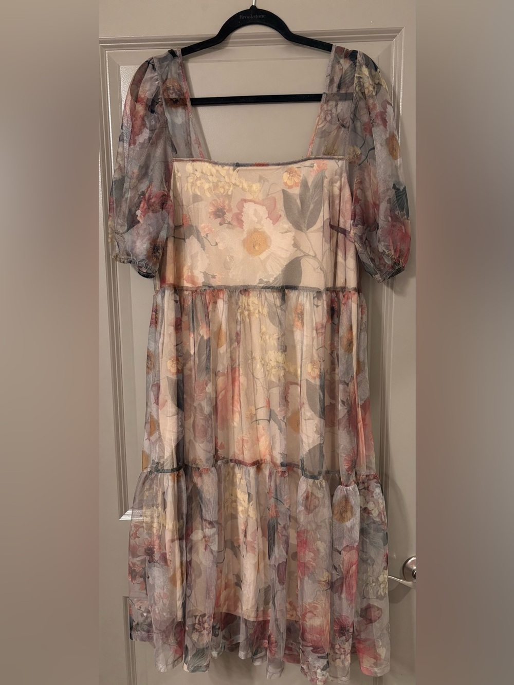 Sheer Floral Tiered Midi Dress in Cream and Pastels